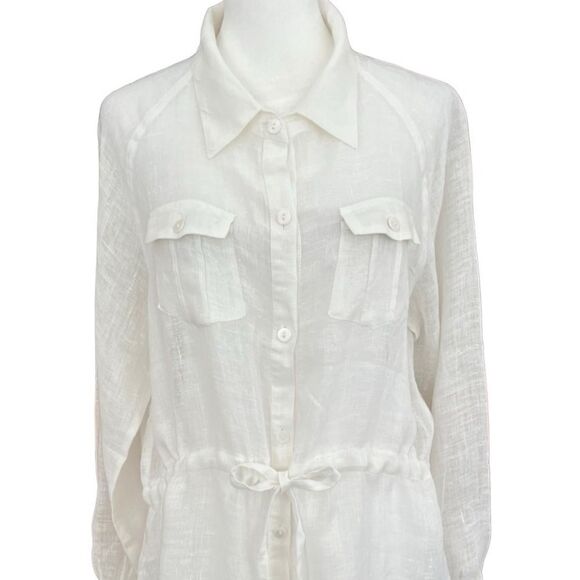 Irene Van Ryb white 100% linen drawstring waist tunic, long sleeves, size 42. - Picture 2 of 7